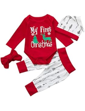Overdose 4pcs Baby Mädchen Jungen Weihnachtskostüm Langarm Brief Top Strampler + Plaid Hosen + Stirnband +1PC...