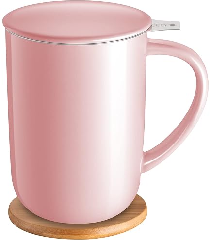 Tazza Da Tè In Porcellana Con Infusore E Coperchio – 453 Ml, Con Sottobicchiere In Bambù, Bianca - 2