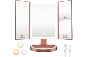 Auxmir Vanity Makeup Mirror with 68 LED Lights, 10X/5X/1X Rechargeable Magnifying Mirror, Touch Screen Stepless Dimmable Color Adjustable Trifold Mirrors, 180° Rotation Portable Cosmetic Mirrors