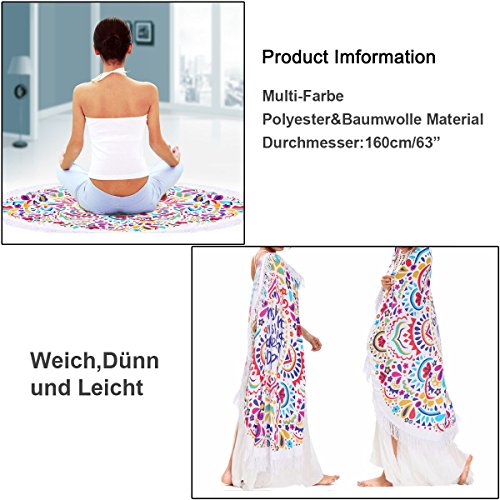 KING DO WAY 2 mm / 0,08 “ Gesäumt Baumwolle Strand Runde Mandala Sunscreen Schal Wandteppich Wickelrock Yoga-Matte Indischen Handtuch Für Outdoor Sandstrand Und Innen Dekoration - 6