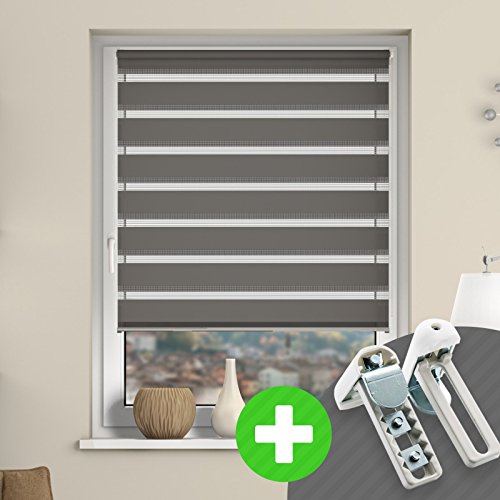 DESWIN Rollos - Set: Doppelrollo + Premium-Klemmhalter - 85 x 160 cm GRAU - (KlemmFix Duorollo mit Metallkette, Rollo-Magnete, Halter zum Schrauben)