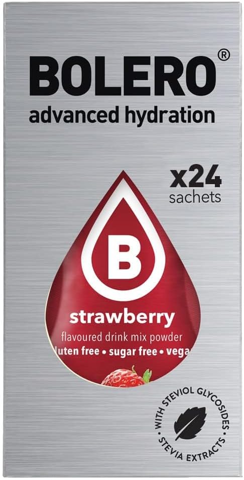 Bolero Boisson 24 sachets, portions de 3 g, préparation en poudre soluble pour boisson fraîche fruitée, à diluer dans l’eau, 72 grammes, édulcoré à la stévia (fraise)
