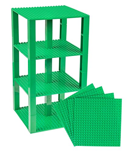 Premium Green Stackable Base Plates - 4 Pack 6" x 6" Baseplate Bundle with 30 New and Improved 2x2 Stackers - Tower Construction Compatible with All Major Brands
