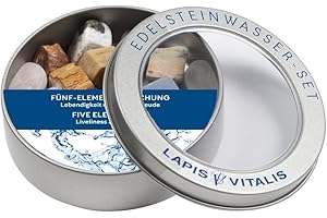 ‎LAPIS VITALIS Lapis Vitalis Wassersteine Fünf-Element Mischung - Energiesteine Set in Metall-Geschenkdose - Ausgewählte Rohsteine - Rosenquarz, Chalcedon, versteinertem Holz, Ozeanjaspis & Amethyst