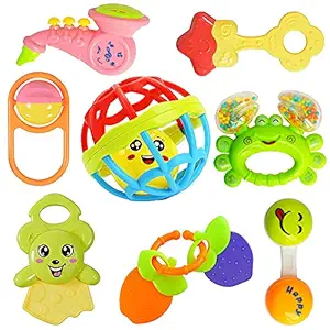 WISHKEY Colorful Attractive Plastic Non Toxic Set of 7 Shake & Grab Rattle and 1 Soothing Teether for New Born and Infants (Pack of 8 , Multicolor)