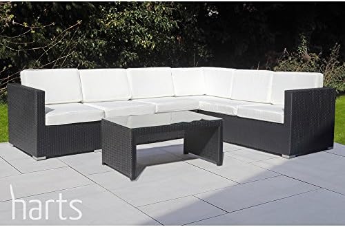 Harts Premium Rattan Corner Sofa (Various Sizes) with Coffee Table &amp; 10cm Cushions - BLACK Rattan (284 x 218cm)