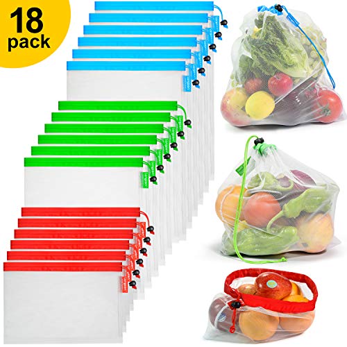 longzon Sac reutilisable Fruit Legume, 【18P】 Rangement frigo pochon Tissu Congelation Filet a Vrac de Course Alimentaire Fruits et légumes réutilisable ecologique Bio congelateur, FDA, LGFB,sans BPA.