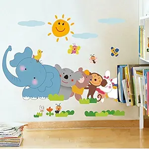 Decals Design Jungle Cartoon Cute Animals Wall Sticker (PVC Vinyl, 60 cm x 90 cm, Multicolour)