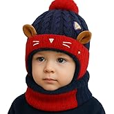 Krystle Kids Knit Animal Ear Hat with Pom Pom and Scarf - Bear or Cat Design Winter Beanie for Boys and Girls (Red, 1-5 Years