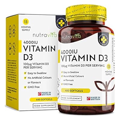 Vitamin D 4000 Iu - 400 Day Supply - Maximum Strength Easy To Swallow Quadruple Strength 400 Softgels Vitamin D3 Cholecalciferol - Manufactured In The Uk By Nutravita