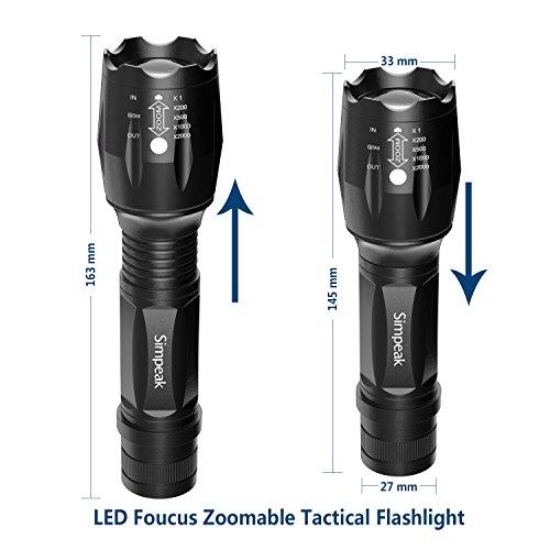 Taschenlampe LED Flashlight, Simpeak Tragbare taktische T6 LED Handheld-Taschenlampe Rotierende Fokus-Fackel, 5 Beleuchtungs-Modi, Zoomable, Wasserdicht, Schwarz - 3