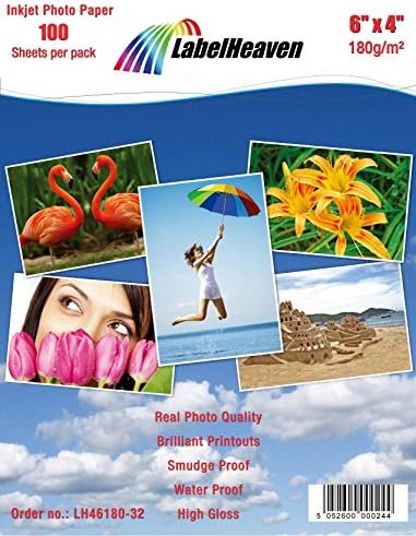 100 Sheets 6"x4" 180g/m² Photo paper: very glossy and waterproof photo paper, compatible with all current Ink Jet and Photo Printers.