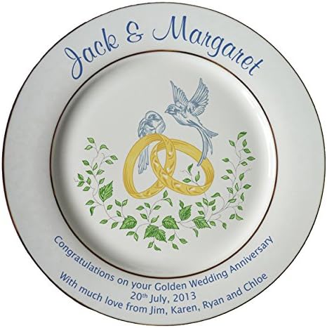 Personalised Golden Wedding Anniversary Plate with 2 Gold Bands - Rings and Doves Design