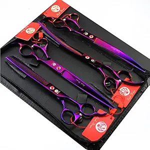 Purple Dragon 8.0 inch Professional Pet Grooming Scissors,Dog Straight Shear, Thinning/Blending Scissor & 2 PCS Curved Shear with Bag (Purple)