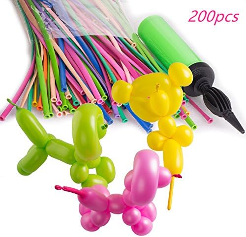 200 PCS Modeling Balloons with Pump Latex Twisting Animal Balloons for Wedding Birthday Party Decoration + Pump (Long, multi-color) Animal Shape Weddings,Birthdays Clowns,Party Decorations