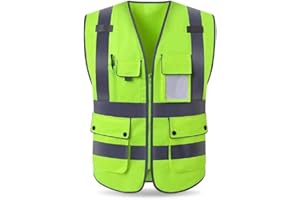 HYCOPROT Hi Vis Viz odblaskowa kamizelka bezpieczeństwa o wysokiej widoczności, kurtka regulowana, odzież robocza z dużymi kieszeniami bocznymi