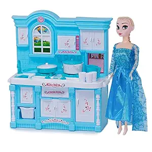 LUCHILA Frozen Household Set for Kids Girls Modern Kitchen Play Set with Doll Light and Sound Toy Battery Operated with Cooking Appliances for Kids