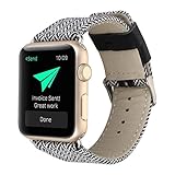 AOLVO 38 mm/42 mm Watch Band für Apple Watch, Mode Echtes Leder Armbanduhr Band Nylon Denim Stoff Ersatz Armband Uhrenarmband für iWatch Serie 1,2,3, Sport Casual Edition für Männer Frauen, V Word, 42mm