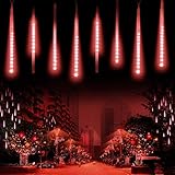 KINGCOO LED Météore Douche Solaire Lumineux Jardin, Etanche Goutte d'eau Chute Cascading 30cm 10 Tubes 360LEDs Décoratif Guirlandes Lumières pour Fête Vacances Noël Décorat (Rouge)