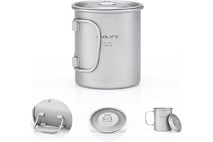OLIFE Tasse de Camping en Titane avec Couvercle, poignée Pliable, Sac à Dos, Tasse Portable Ultra légère pour Camping, Voyage, randonnée, extérieur et Utilisation Quotidienne