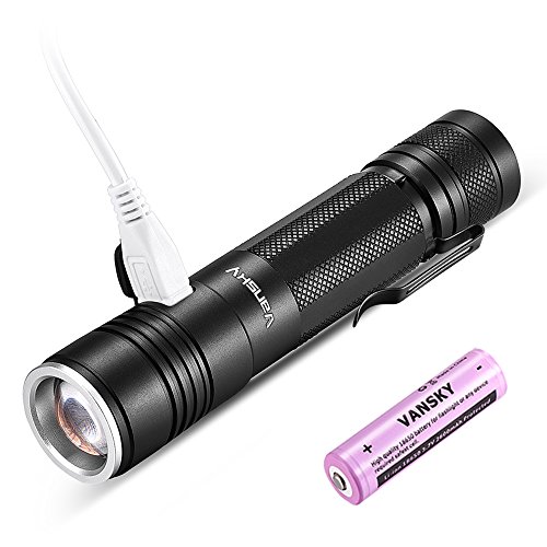 Vansky® Mini USB wiederaufladbare Taschenlampe, 900 Lumen CREE XPE2 R5 LED taktische Taschenlampe | zoombar und super hell | 18650 Li-ion-Akku und inkl. 0.9m Micro-USB-Ladekabel - 2