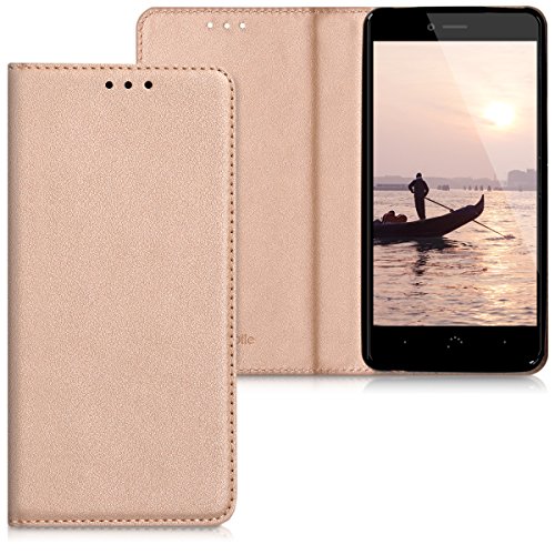 kwmobile Funda para bq Aquaris U Plus - Carcasa para m  vil de  Cuero sint  tico  - Case  Plegable  en  Oro Rosa 