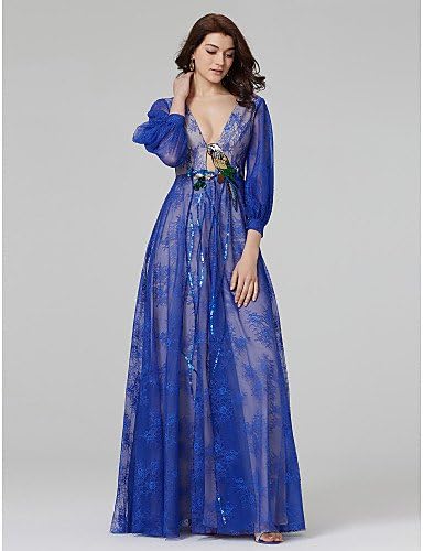 SHUAIGUO Holiday skirt Sheath/Column Plunging Neckline Floor Length Lace Formal Evening Dress with Beading Sequin Appliques by TS Couture®, royal blue