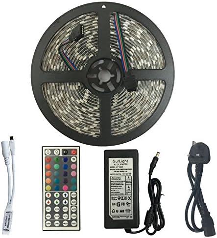 SurLight LED Strip Light Kit Waterproof 5M 300LEDs RGB SMD5050 Flexible Color Changing Light Strip with 44 Keys IR Remote Control &amp; BSI Approved 12V 5A UK Power Supply for Home Kitchen Indoor Outdoor Decoration