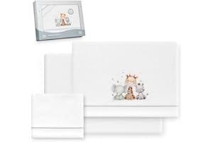 Interbaby - Juego Sabanas Cuna 60x120 Poliester 100% | Sabana Cuna Coralina, Cálida | Incluye Sabana Bajera, Encimera y Funda de Almohada | Ideal para Invierno | Jirafa Elefante Blanco/Gros