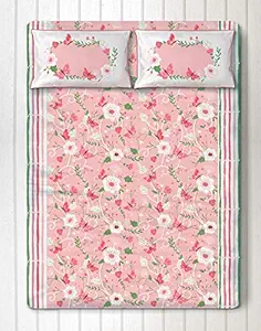 Silverlinen Flowers & Butterflies 100% Cotton 250 TC Double Bedsheet for Kids Room for Girls with Two Pillow Covers - Pink