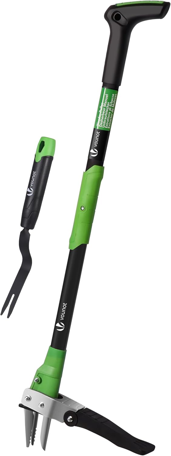 VOUNOT® Extractor de Malezas Jardín con Desmalezador Manual Herramienta Deshierbe Manual Mango Largo Garras Acero Inoxidable Pedal Resistente Removedor Malas Hierbas Desmalezado Efectivo Longitud