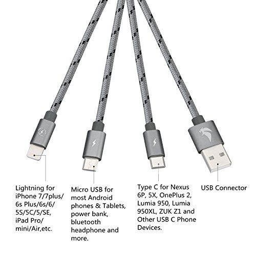 EliteSoft Nylon Ladekabel Micro-USB Lightning Kabel High Speed 4.9ft 3 in 1. Apple iPhone7, 6, 5 ,4 und Android Smartphones, Samsung, HTC, Sony, Nexus und mehr ertragung Aluminium 2 Kabel - 2