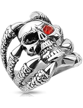 Paula & Fritz® Ring aus Edelstahl Chirurgenstahl 316L 25mm breit Totenkopf gehalten von Klaue mit rotem Zirkonia-Auge...