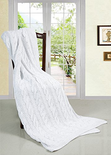 EHC Super Chunky Hand Knitted Cotton Blanket Throw,White