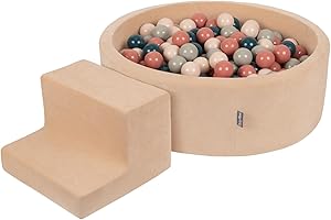 KiddyMoon Parque Terciopelo Infantil De Espuma con Rodondo Piscina De Bolas Piscina (100 Bolas) + Escalones para Niños, Beige De Arena: Turquesa Oscuro/Beige Pastel/Gris Verde/Salmón