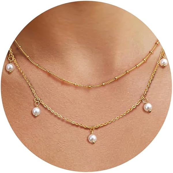Dochais Collana A Strati Con Perle D'Acqua Dolce | Placcata Oro 14K | Catena Spina Di Pesce | Gioiello Regalo Per Ragazze