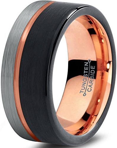 Tungsten Wedding Band Ring 9mm for Men Women Black Rose Gold Plated Flat Cut Offset Line Half Brushed Polished Size H 1/2