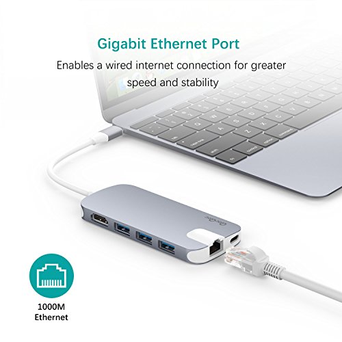 USB C Hub QacQoc USB C Adapter mit Typ C Ladeanschluss, HDMI Port, Gigabit LAN, SD-Kartenleser, Micro SD-Kartenleser, 3 USB 3.0 Port für Typ C Geräte wie MacBook, MacBook Pro, Google Chromebook (Grau) - 4