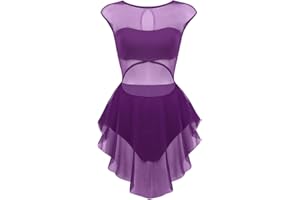 Aiihoo Women's Lyrical Modern Ballet Dance Costume Asymmetrical Sheer Mesh Tutu Skirted Leotard Dress