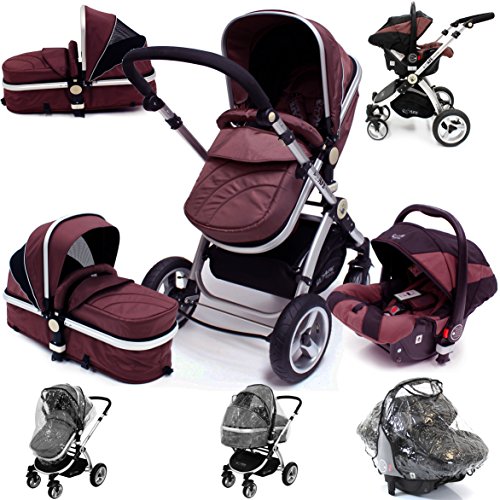 i-Safe System - Hot Chocolate Trio Travel System Pram & Luxury Stroller 3 in 1 Complete With Car Seat + Rain Covers
