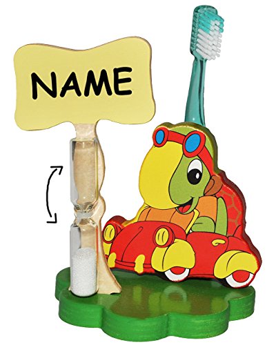 Preisvergleich Produktbild Zahnbürstenhalter / Zahnputzuhr - Schildkröte im Auto incl. Name - mit Sanduhr + Zahnbürste - aus Holz - Badezimmer Bad Kinderzahnbürste / Mädchen Jungen - Tiere - für Kinder / zum Zähneputzen für 1 Minute