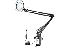 ULABLE LED Magnifying Lamp,Adjustable 10X Magnifier Desk Lamp with 3 Colors 4.13" Diameter Glass USB Magnifying Lamp with Adjustable Swivel Arm (Black)