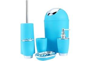 ‎GOTOTOP GOTOTOP Badezimmer Set, 6 teilig Bad Accessoires Set aus ABS, Stilvolles Badezimmer Zubehör mit Seifenspender, Zahnbürstenhalter, Becher, Seifenschale, WC Bürstengarnitur, Kosmetikeimer (Blau)