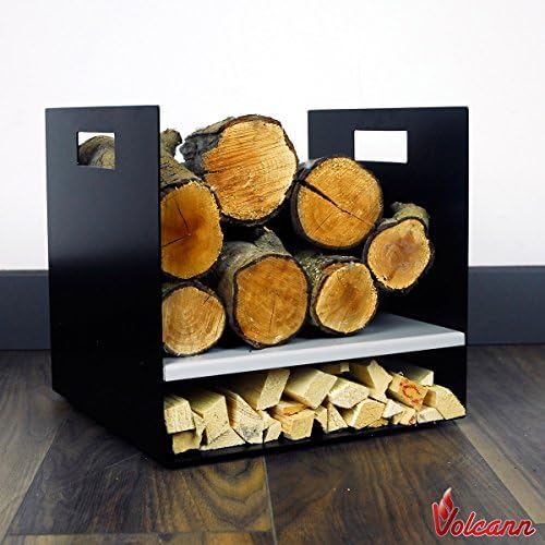 Volcann Compact 32cm Wide Steel Firewood Log Basket - Fireplace Wood Holder Metal Rack with Handheld, Storage for Woodstove, Fireside Accessories (Goosewing Grey)