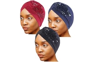 ILUFAM 3PCS Turbans for Women Sequins Flower Turban Head Wrap Headwear Pleated Beanie Cap Hair Loss Hat
