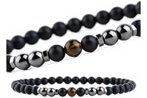 EUMENIDES Black Frosted Stone Magnetic Anklet，9.45" Length,6MM, 2 Packs,Natural Frosted Stone Anklet， Improve Sleep, (Tiger's Eye stone+Magnet)