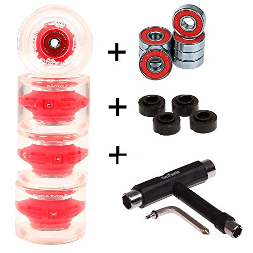 FunTomia 4 Stück (LED) Longboard/Skateboard Rollen (Big Wheels) in 70x51mm inkl. ABEC-9 Kugellager und Magnet Spacer 80A Rollenhärte + T-Tool