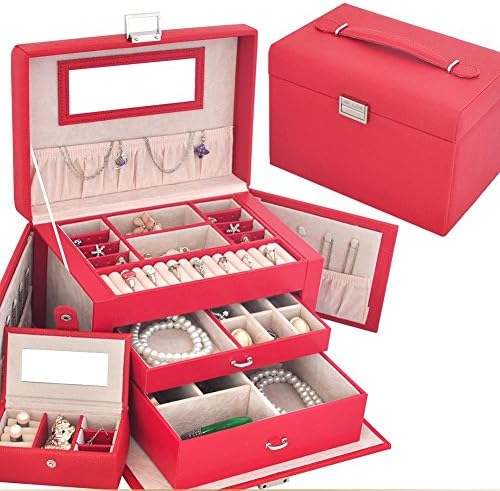 GZXCPC High Quality Luxurious Jewelry Box Jewelery Box Jewelery Storage Jewelery Box Made Of Leather And Wood, With 3 Drawers, Side Pockets, Snap Lock And Built-In Mirror, Many Colors , red