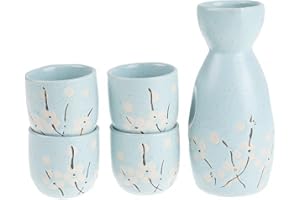 lachineuse - Servizio sake fiori di ciliegio blu - con 4 ciotole e caraffa - bicchieri da sake giapponesi - regalo da tavola asiatico - servizio sake porcellana Giappone - idea regalo - azzurro cielo