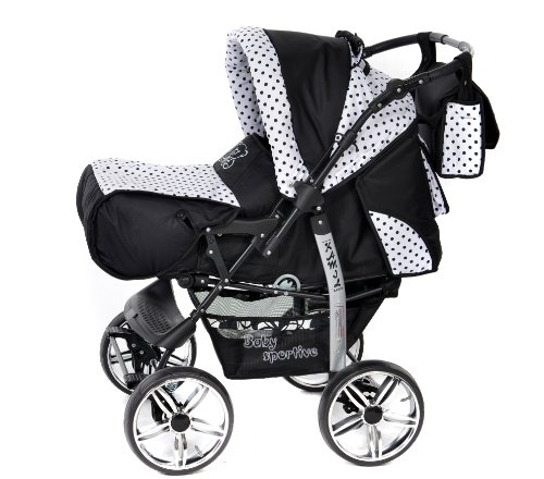 Baby Sportive Kamil, Kombikinderwagen set – incl. Kinderwagen mit Zubehör, Babyschale und Sportwagen Aufsatz. System mit RÄDER NICHT SCHWENKBAR. Reisesystem Farbe: Schwarz und Schwarze Punktmuster - 3